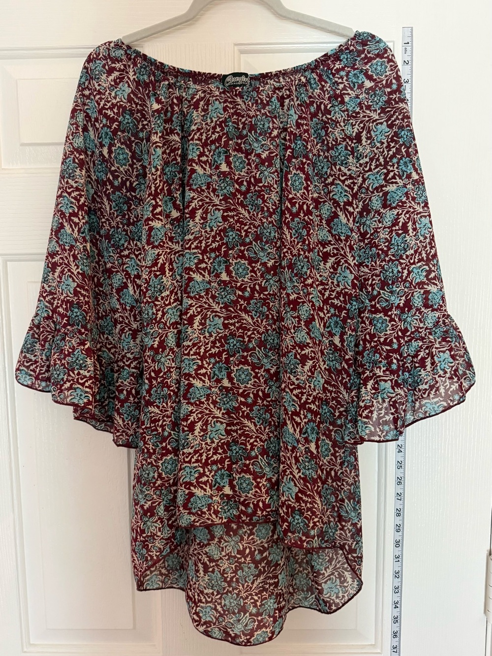 Boho Floral Semi-Sheer Shirt in Burgundy and Teal